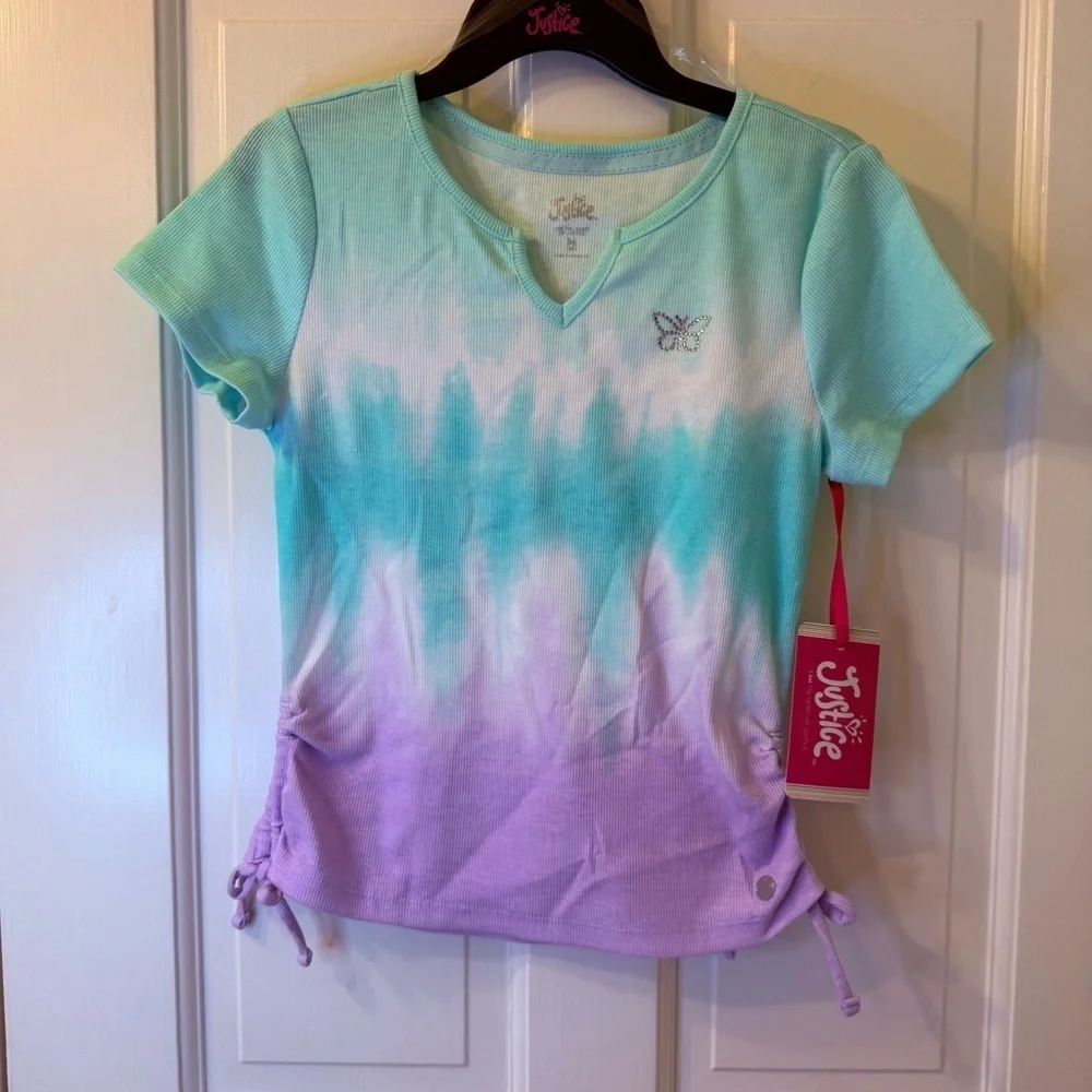 Justice Mint and White Top with Rhinestone Butterfly